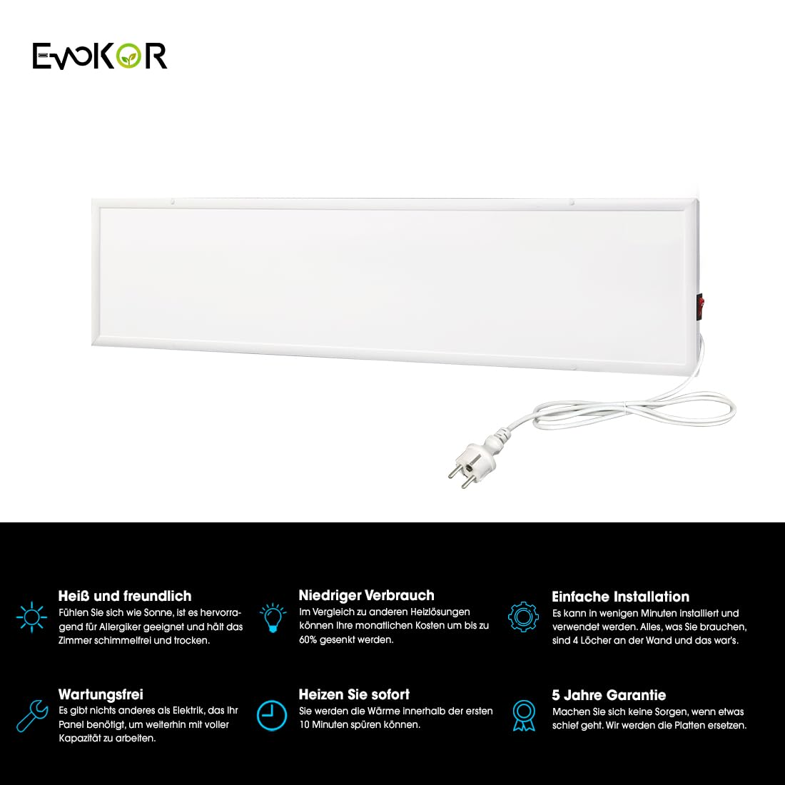 EVOKOR Infrarotheizung 170 W | Wandheizung mit Überhitzungsschutz | Energiesparendes Heizpaneel für Growzelte, Räume & Indoor-Kulturen (920 × 220 mm)