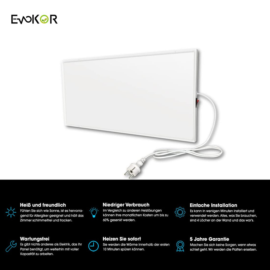 EVOKOR Infrarotheizung 160 W | Wandheizung mit Überhitzungsschutz | Energiesparendes Heizpaneel für Growzelte, Räume & Indoor-Kulturen (620 × 320 mm)