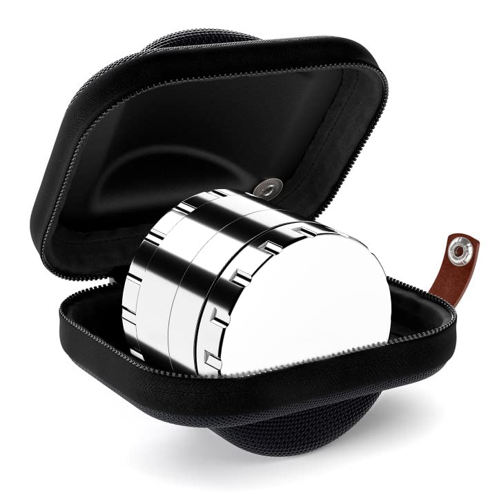 JCASE Edelstahl Grinder 4-teilig Ø 63 mm – Premium Crusher mit Sieb, Pollenschaber, Tasche & Zubehör für Hanf & Cannabis