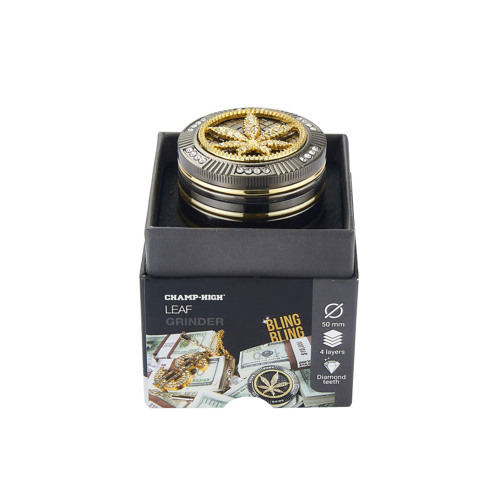 Champ High Bling Leaf Grinder – Glitzernde Metall-Kräutermühle mit Cannabis-Design & Sieb | Silber