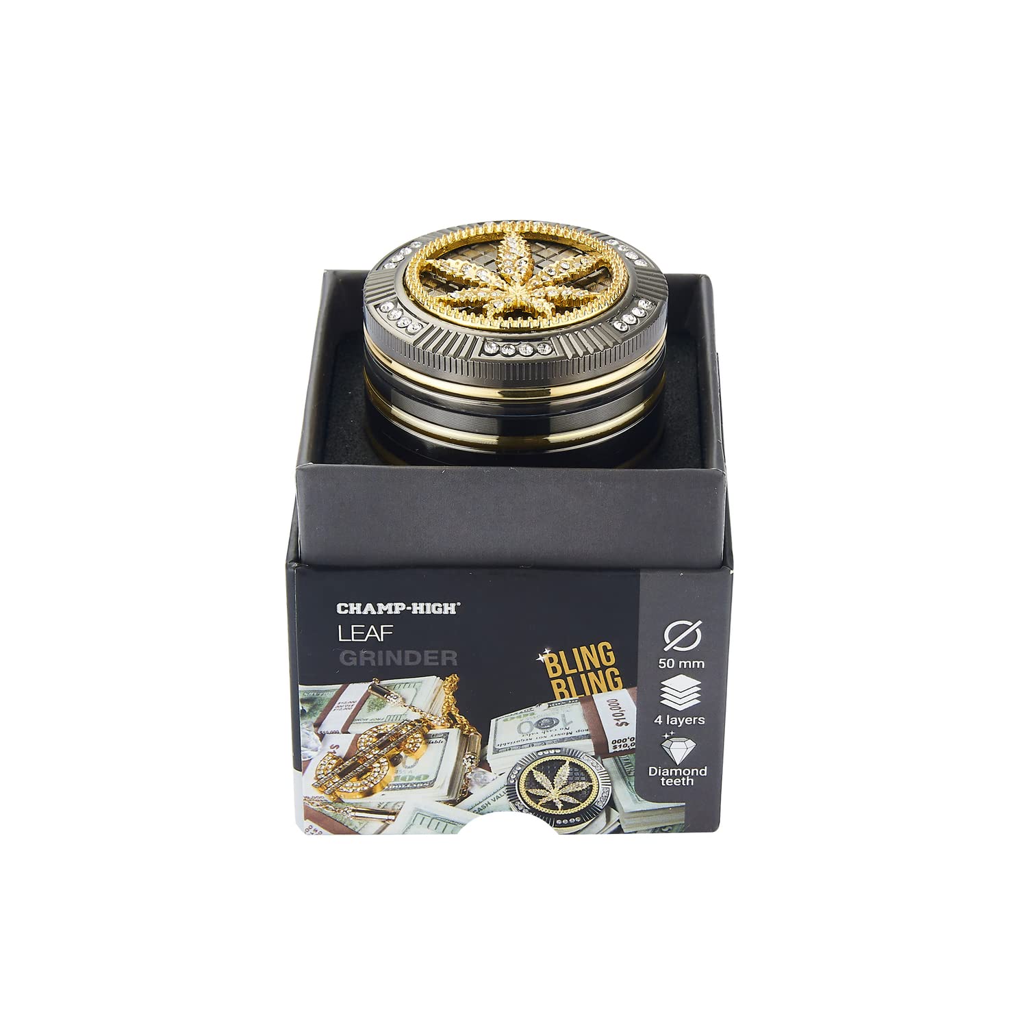 Champ High Bling Leaf Grinder – Glitzernde Metall-Kräutermühle mit Cannabis-Design & Sieb | Silber