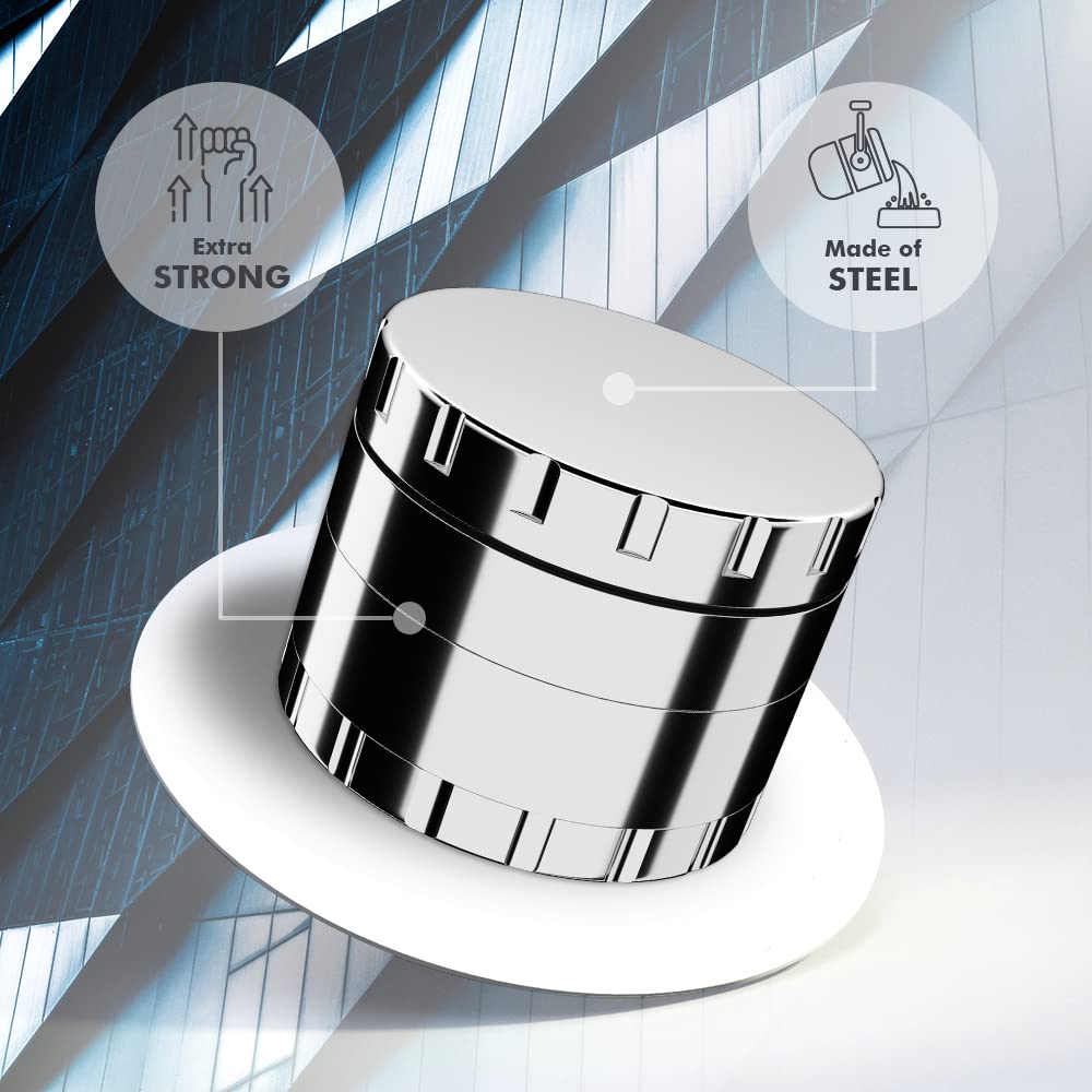 JCASE Edelstahl Grinder 4-teilig Ø 63 mm – Premium Crusher mit Sieb, Pollenschaber, Tasche & Zubehör für Hanf & Cannabis