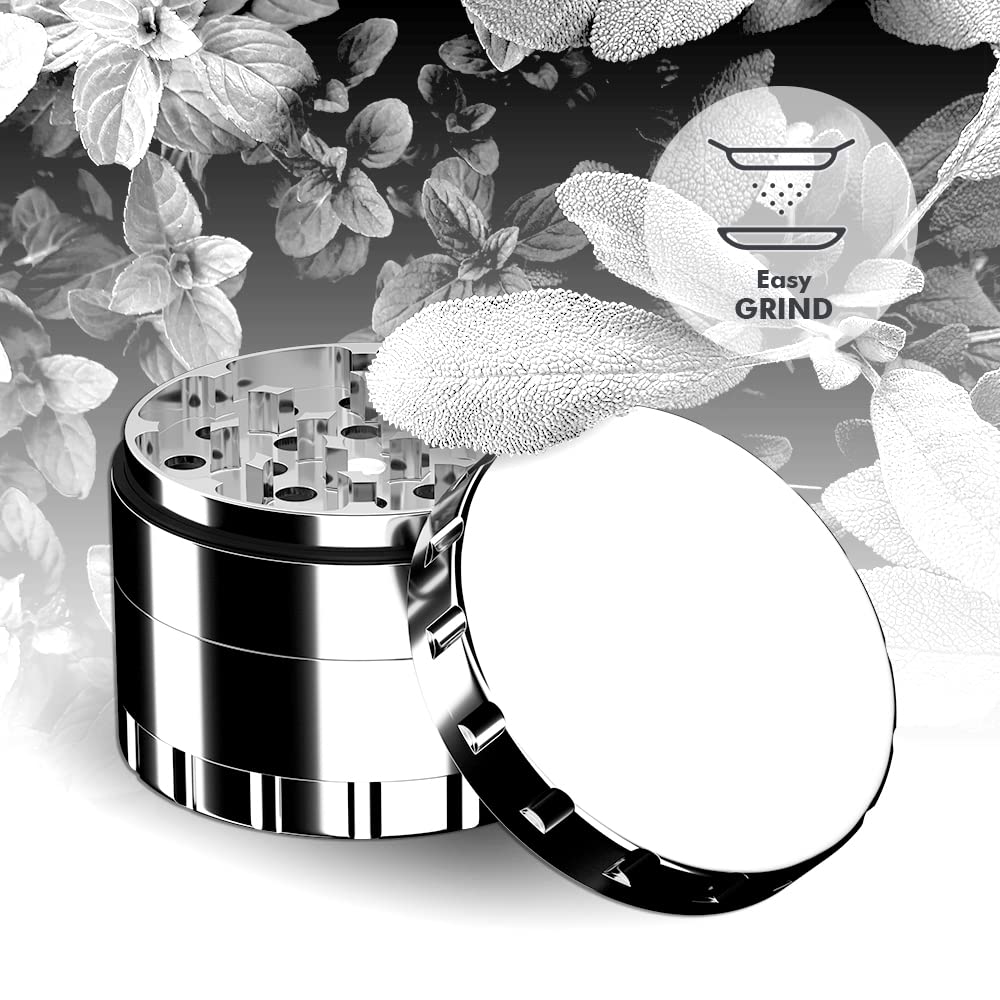 JCASE Edelstahl Grinder 4-teilig Ø 63 mm – Premium Crusher mit Sieb, Pollenschaber, Tasche & Zubehör für Hanf & Cannabis