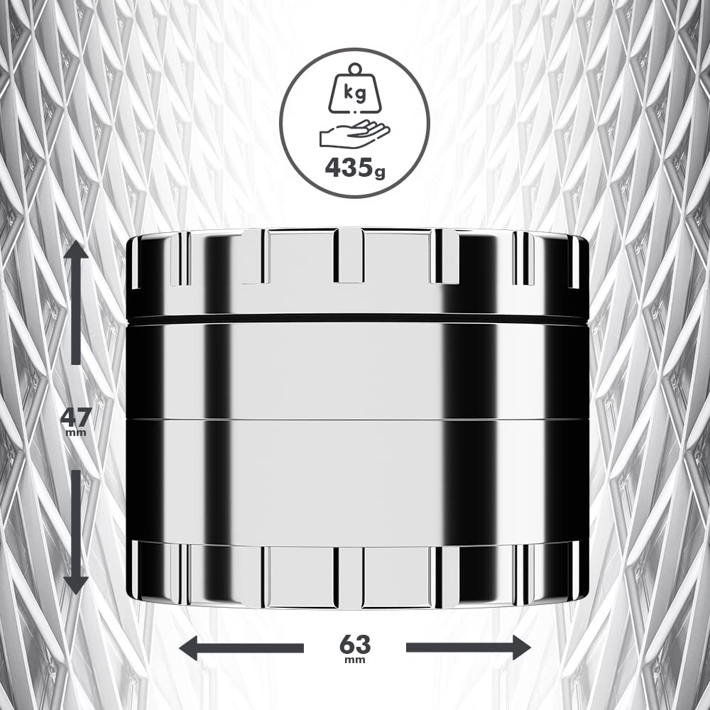 JCASE Edelstahl Grinder 4-teilig Ø 63 mm – Premium Crusher mit Sieb, Pollenschaber, Tasche & Zubehör für Hanf & Cannabis