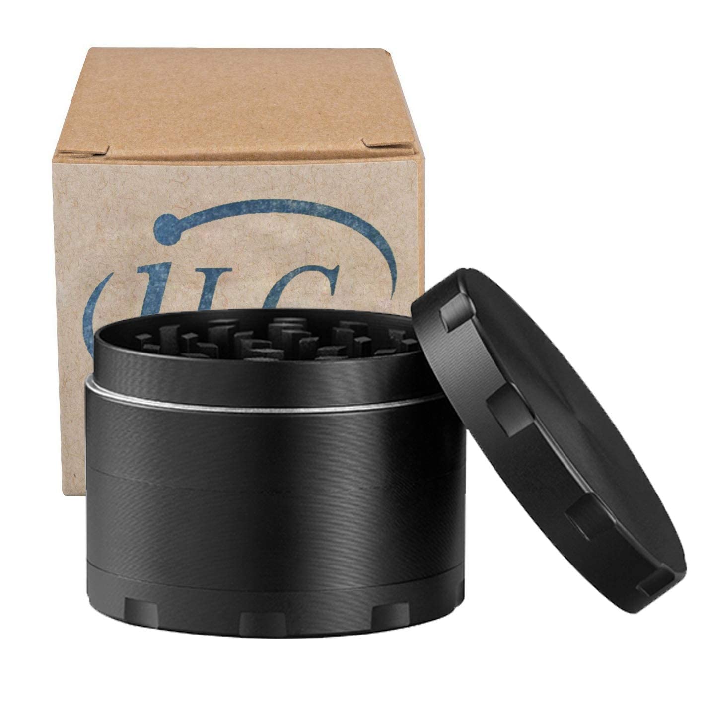 iLC Grinder 4-teilig Ø 50 mm – Robuste Kräutermühle aus Zinklegierung mit Pollensieb & Scraper für Hanf, Cannabis & Gewürze (Schwarz)