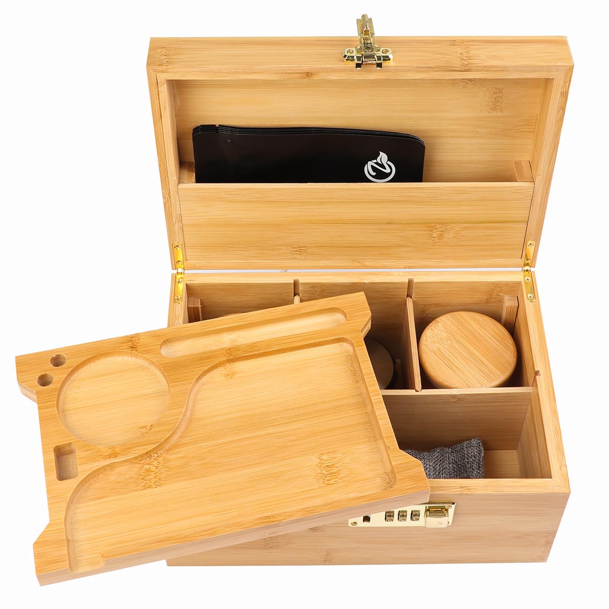 OZCHIN Bambus-Aufbewahrungsbox mit Zahlenschloss – Premium Holzbox mit Glasbehältern, Tablett & Beuteln für Hanf & Kräuter