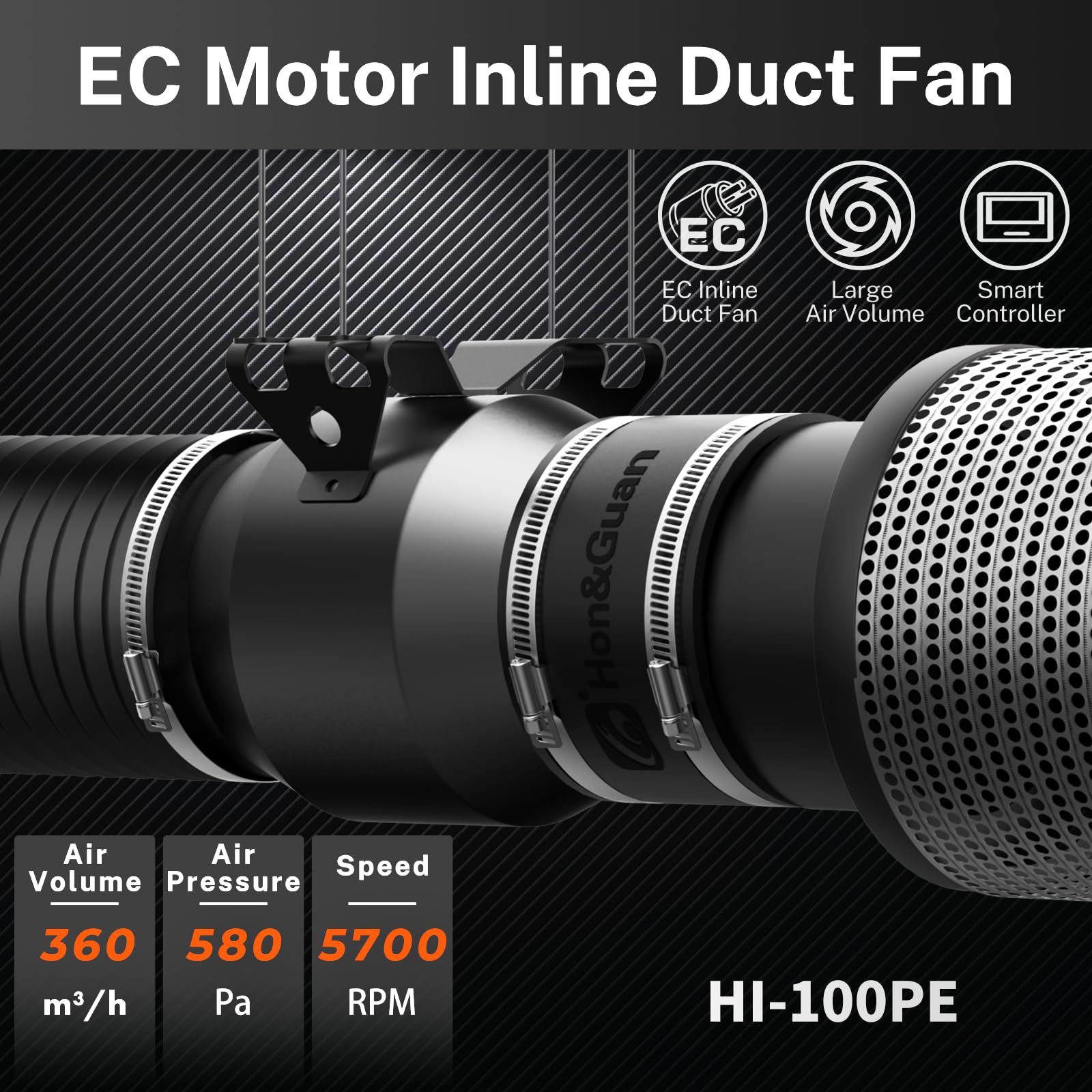 Hon&Guan EC Rohrventilator 100 mm | 360 m³/h | Mit Temperatur- & Feuchtigkeitsregler | Intelligenter Controller & 10 Stufen | Für Growzelte & Gewächshäuser