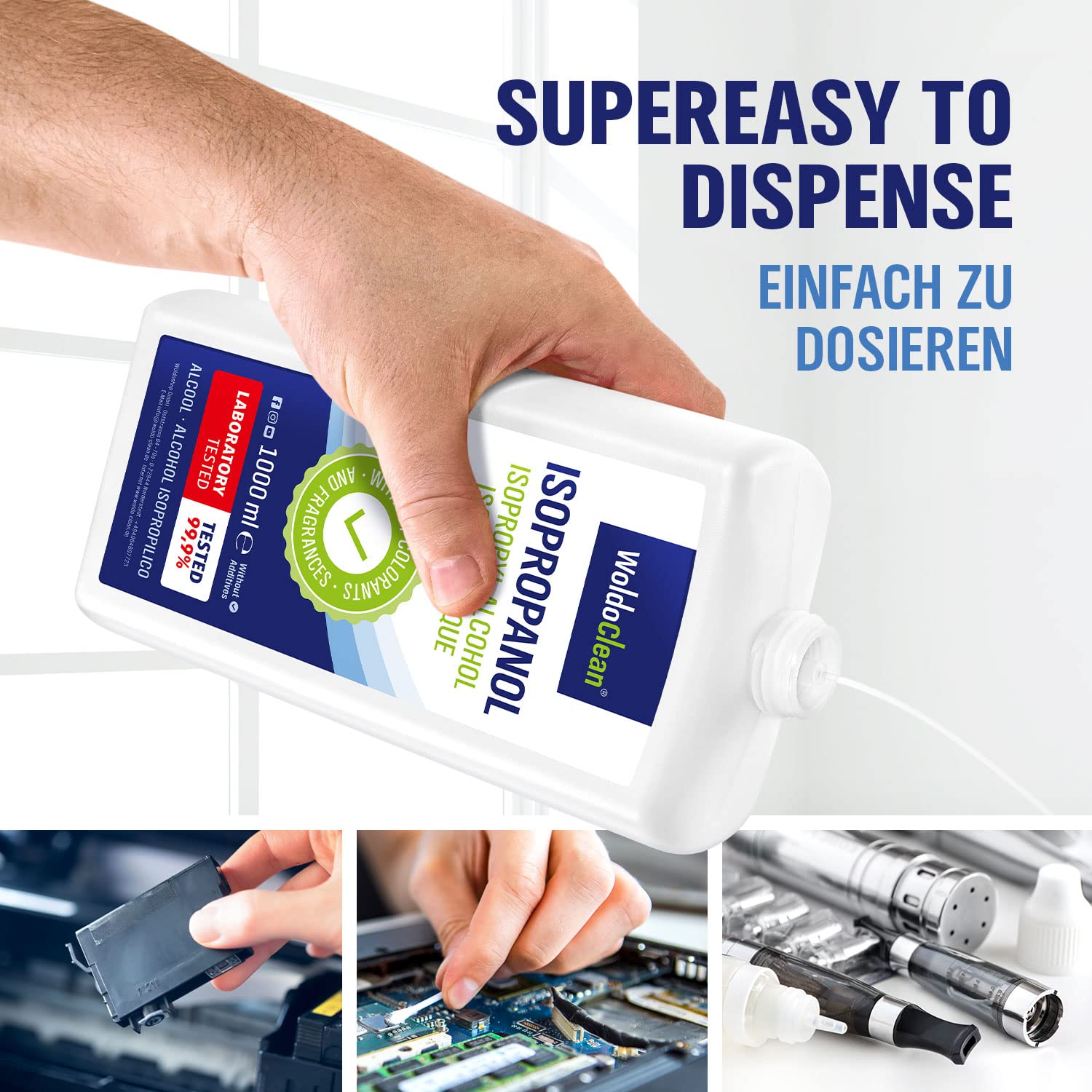 WoldoClean Isopropanol 99,9 % – Spezialreiniger für Vaporizer | Entfernt THC-, Harz- & Cannabisrückstände rückstandsfrei (1 L IPA)