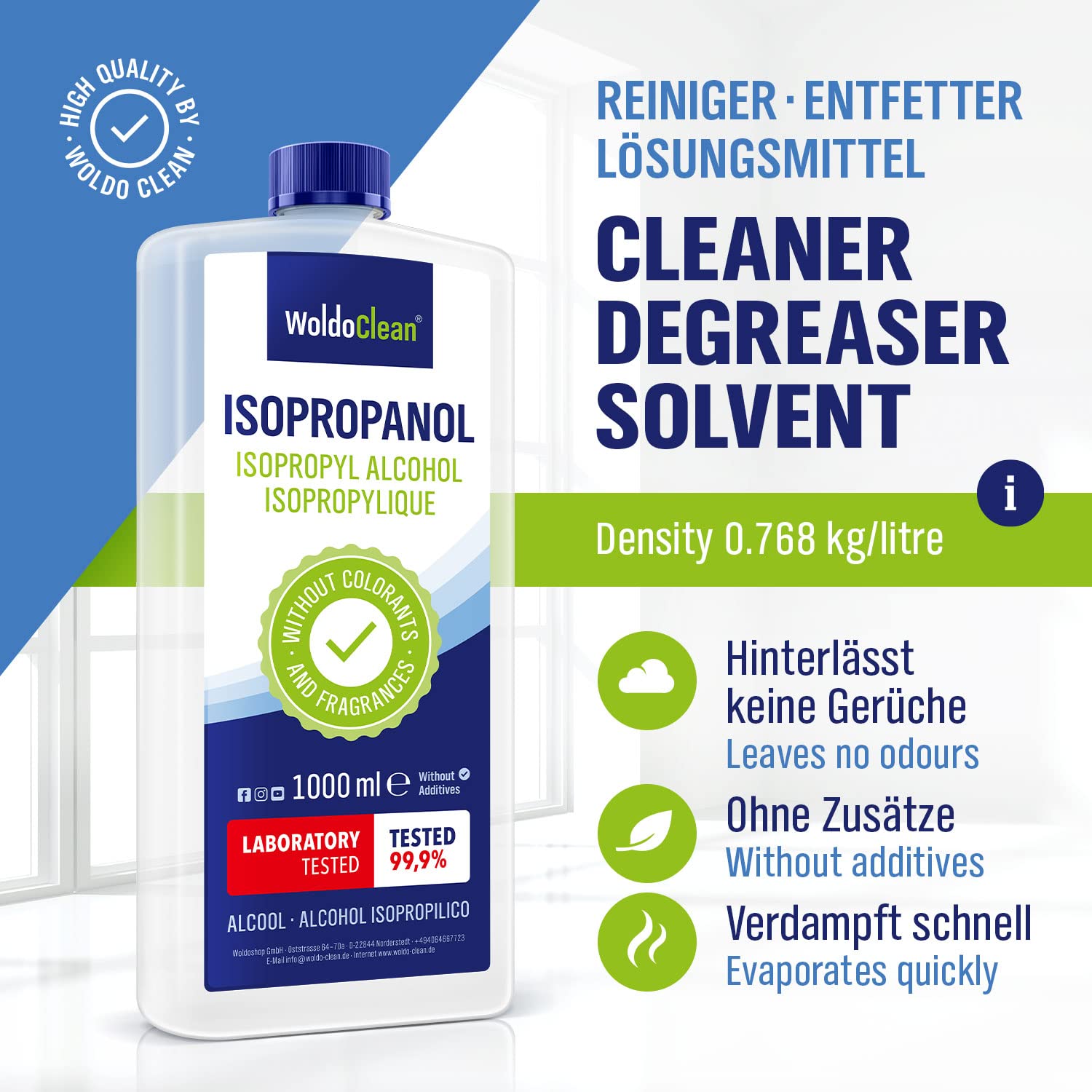 WoldoClean Isopropanol 99,9 % – Spezialreiniger für Vaporizer | Entfernt THC-, Harz- & Cannabisrückstände rückstandsfrei (1 L IPA)