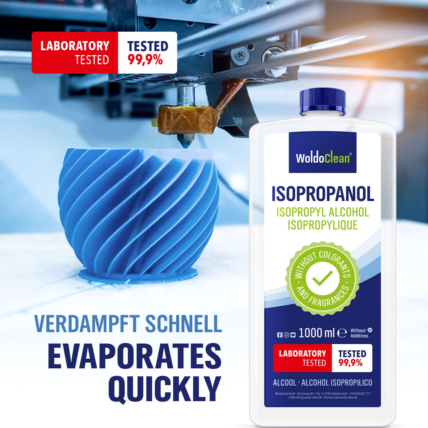 WoldoClean Isopropanol 99,9 % – Spezialreiniger für Vaporizer | Entfernt THC-, Harz- & Cannabisrückstände rückstandsfrei (1 L IPA)