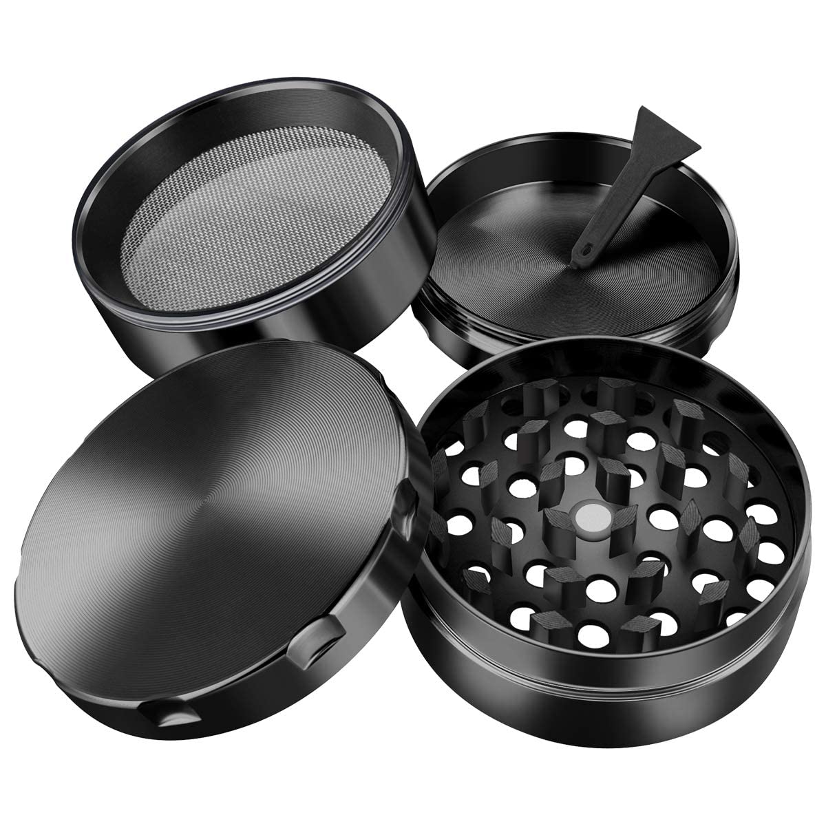 iLC Grinder 4-teilig Ø 50 mm – Robuste Kräutermühle aus Zinklegierung mit Pollensieb & Scraper für Hanf, Cannabis & Gewürze (Schwarz)