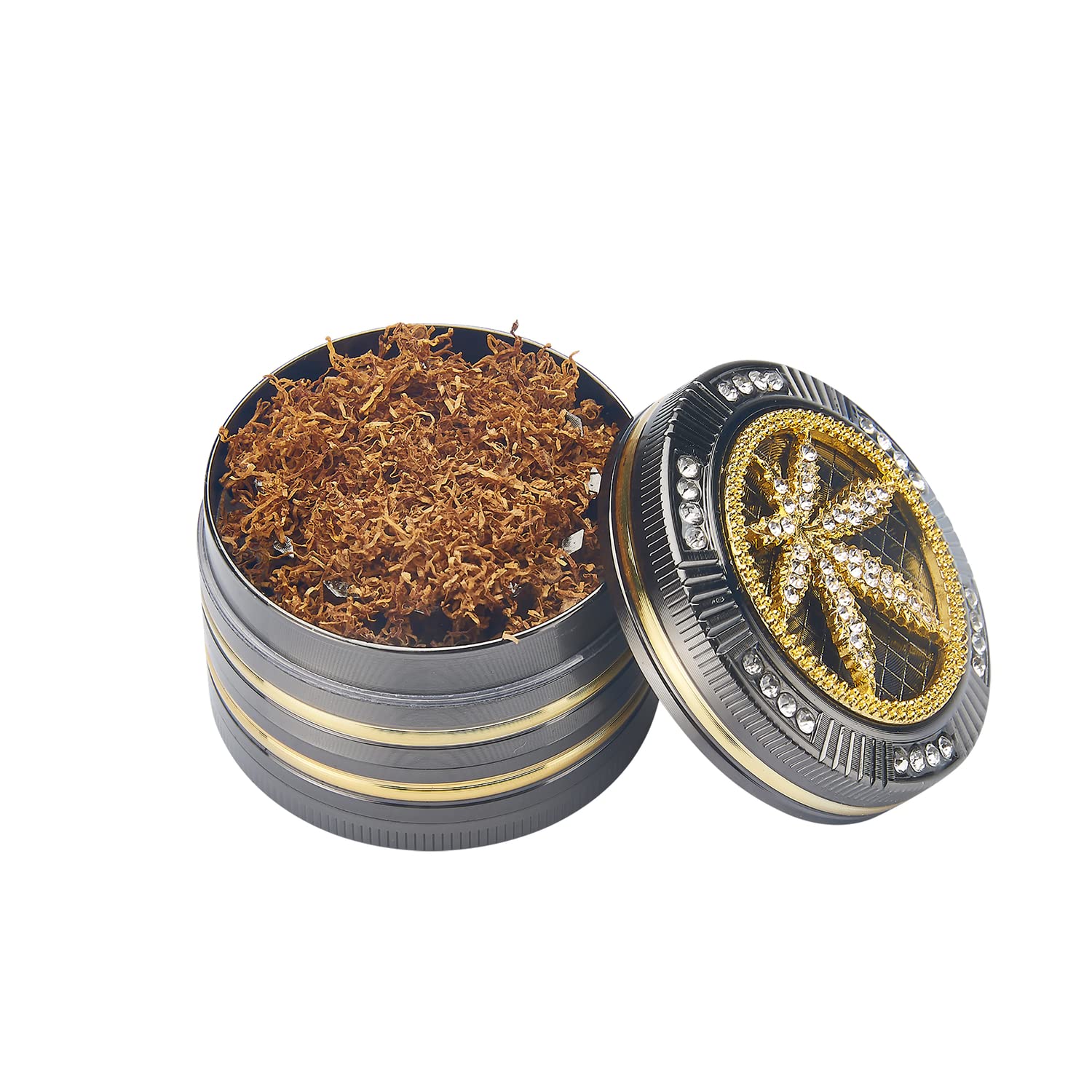 Champ High Bling Leaf Grinder – Glitzernde Metall-Kräutermühle mit Cannabis-Design & Sieb | Silber