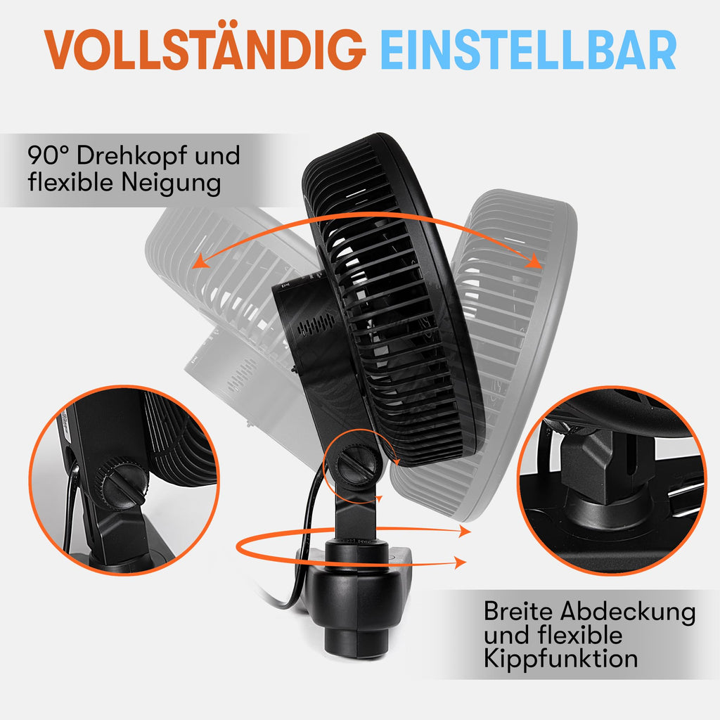 Grow Expert Oszillierender Clip-Ventilator | EC-Motor | 10 Stufen & 32 dB | 120° Schwenkbereich & 2,5 m Kabel – Umluftventilator für Growzelte & gesundes Pflanzenwachstum