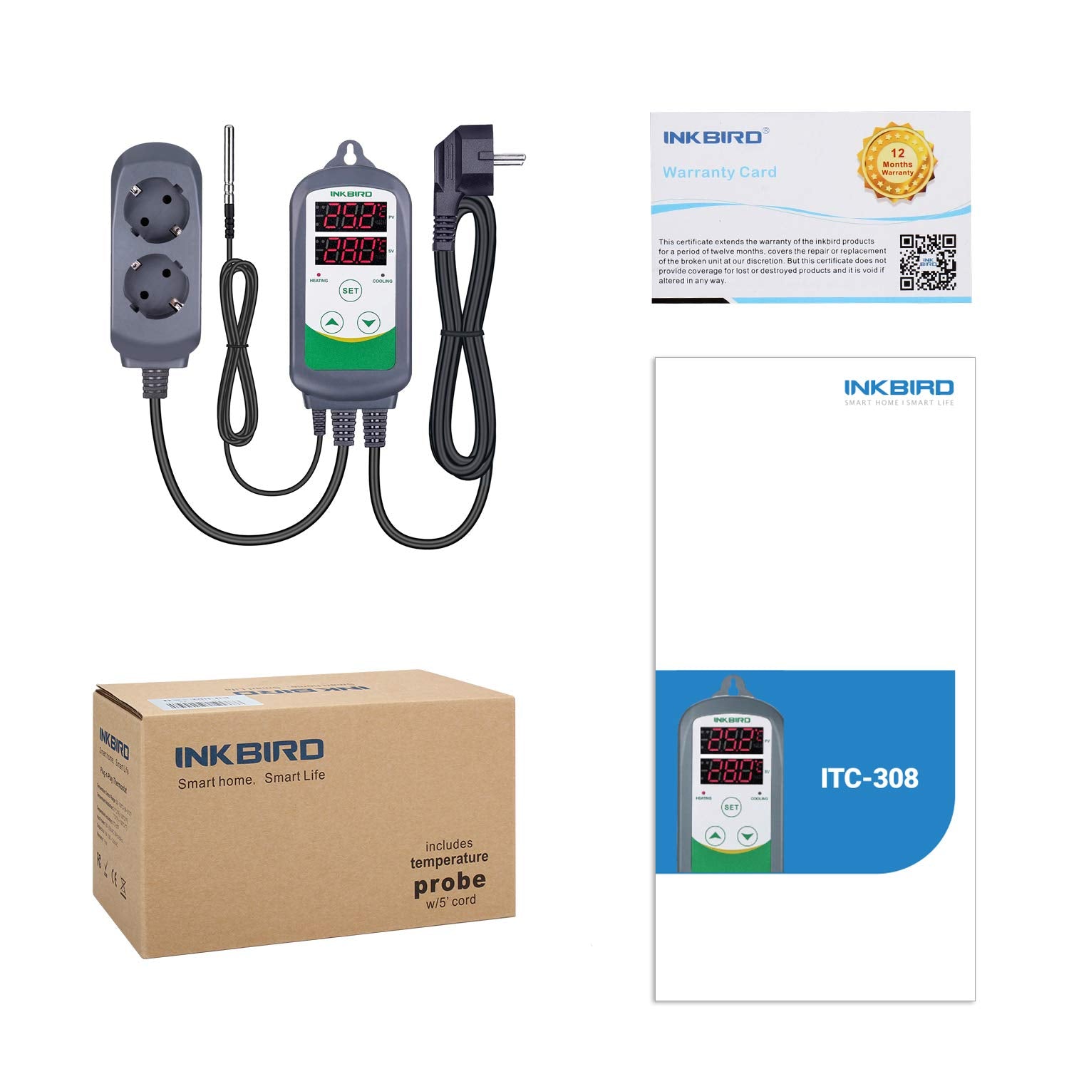 Inkbird ITC-308 Digitaler Temperaturregler | Heiz- & Kühlsteuerung | 230 V Thermostat mit Fühler & Doppelrelais