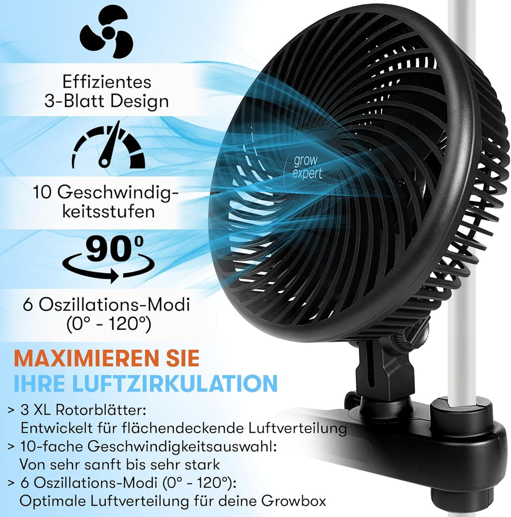 Grow Expert Oszillierender Clip-Ventilator | EC-Motor | 10 Stufen & 32 dB | 120° Schwenkbereich & 2,5 m Kabel – Umluftventilator für Growzelte & gesundes Pflanzenwachstum