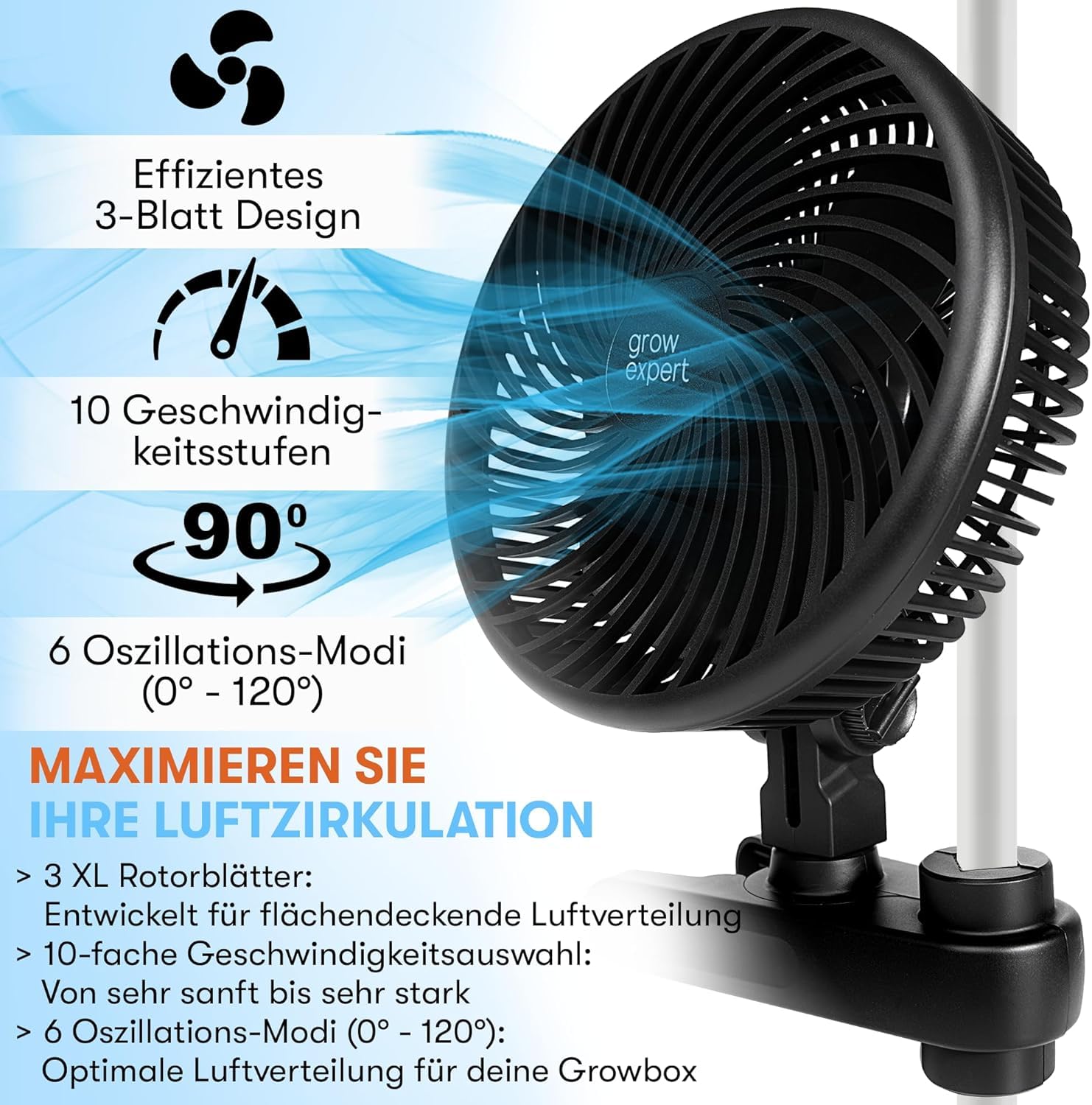 Grow Expert Oszillierender Clip-Ventilator | EC-Motor | 10 Stufen & 32 dB | 120° Schwenkbereich & 2,5 m Kabel – Umluftventilator für Growzelte & gesundes Pflanzenwachstum