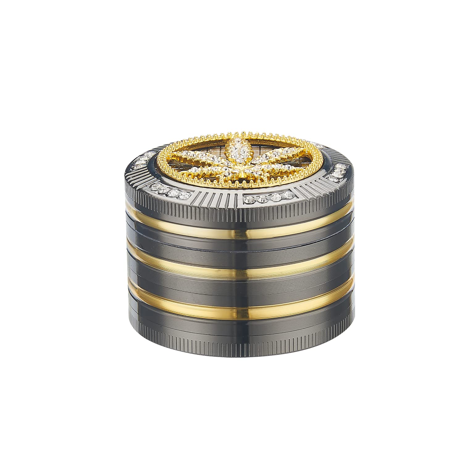 Champ High Bling Leaf Grinder – Glitzernde Metall-Kräutermühle mit Cannabis-Design & Sieb | Silber