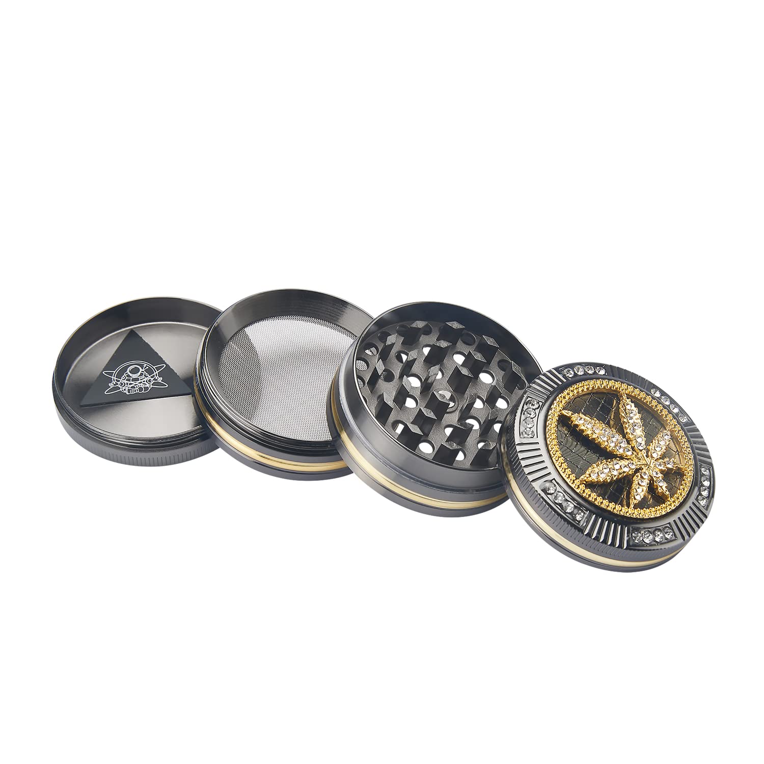 Champ High Bling Leaf Grinder – Glitzernde Metall-Kräutermühle mit Cannabis-Design & Sieb | Silber