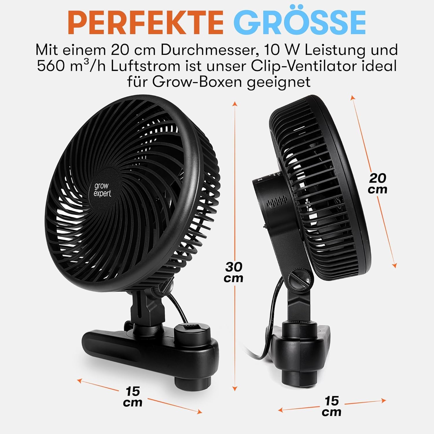 Grow Expert Oszillierender Clip-Ventilator | EC-Motor | 10 Stufen & 32 dB | 120° Schwenkbereich & 2,5 m Kabel – Umluftventilator für Growzelte & gesundes Pflanzenwachstum