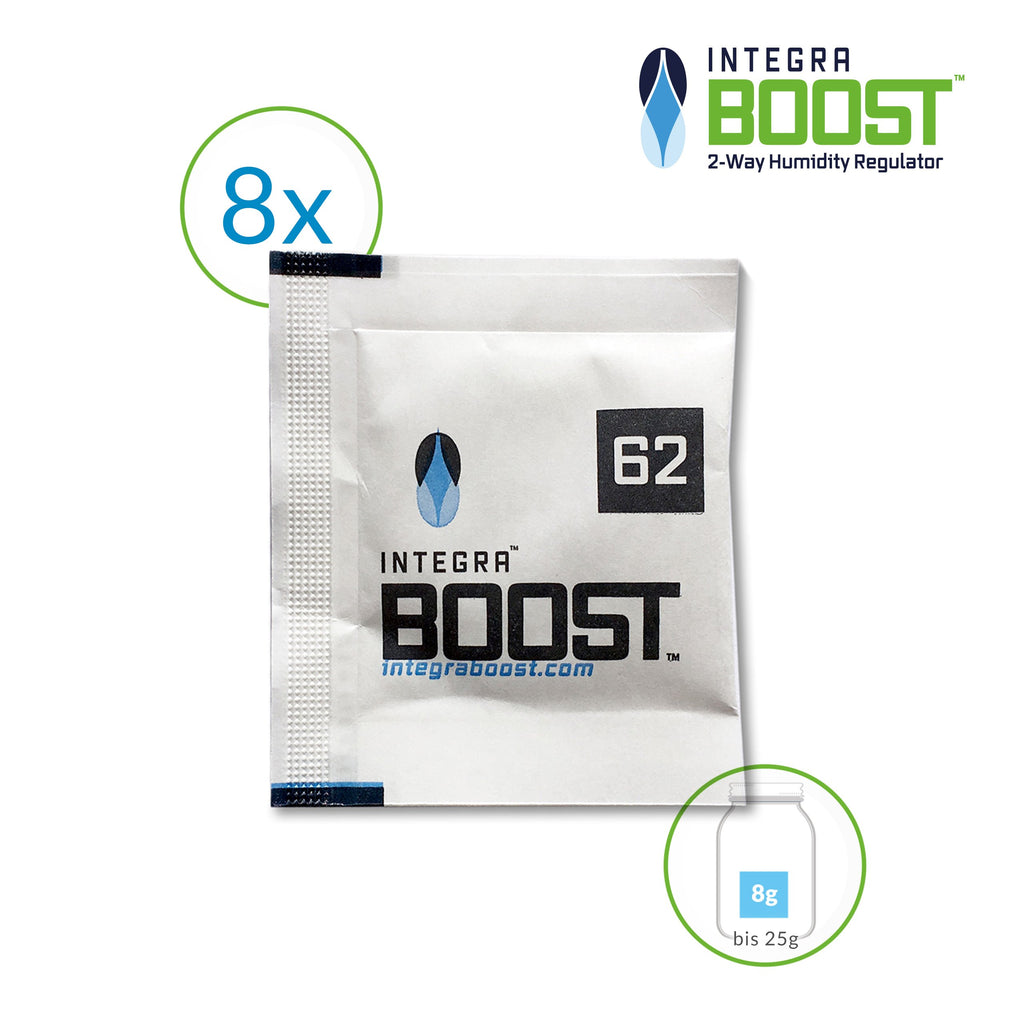 Integra Boost 62 % – 8 × 8 g Feuchtigkeitsregler | 2-Wege-Befeuchter mit Indikator | Schützt bis zu 25 g Kräuter & Blüten