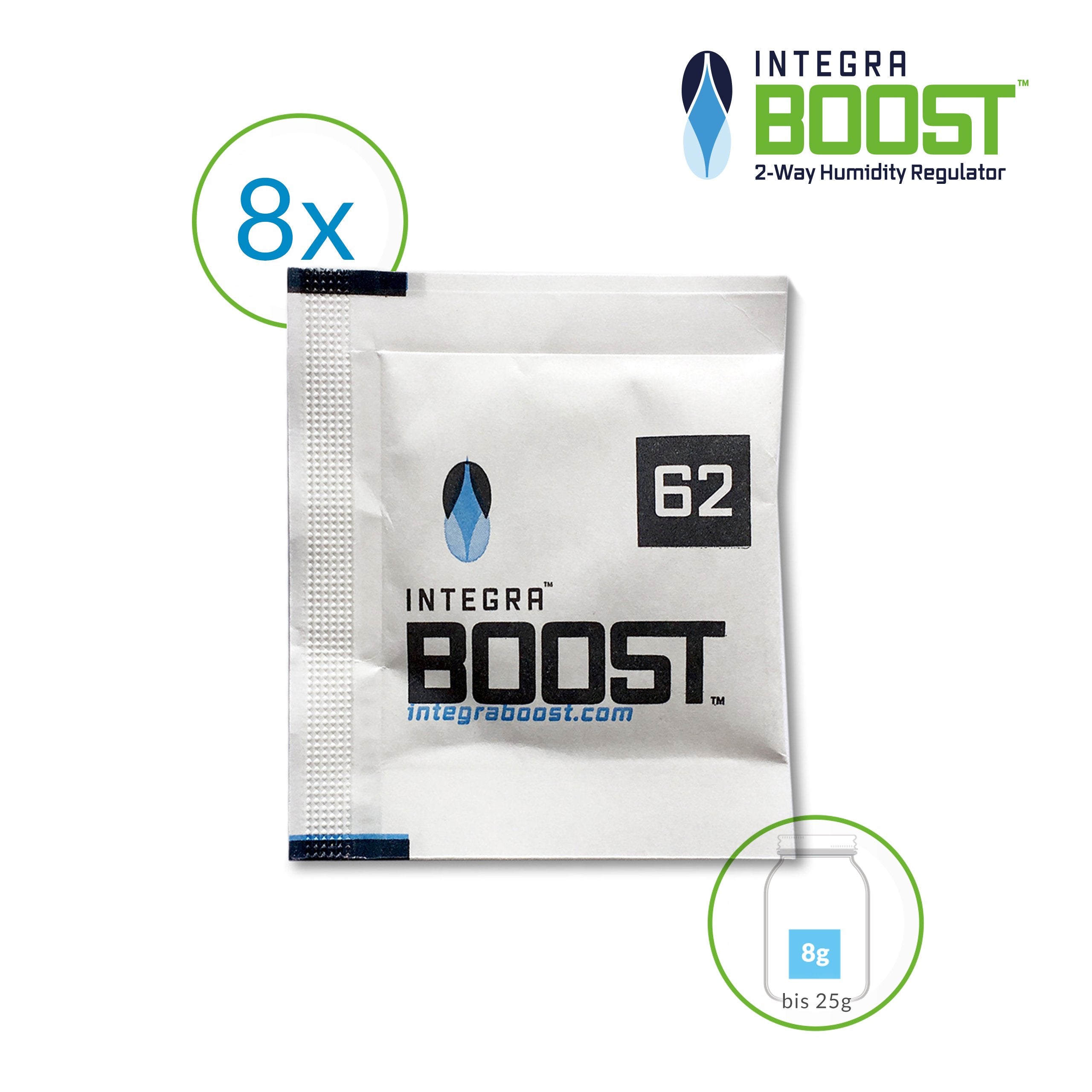 Integra Boost 62 % – 8 × 8 g Feuchtigkeitsregler | 2-Wege-Befeuchter mit Indikator | Schützt bis zu 25 g Kräuter & Blüten