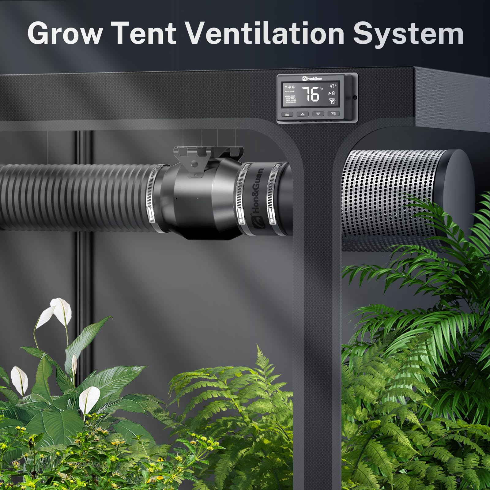 Hon&Guan EC Rohrventilator 100 mm | 360 m³/h | Mit Temperatur- & Feuchtigkeitsregler | Intelligenter Controller & 10 Stufen | Für Growzelte & Gewächshäuser