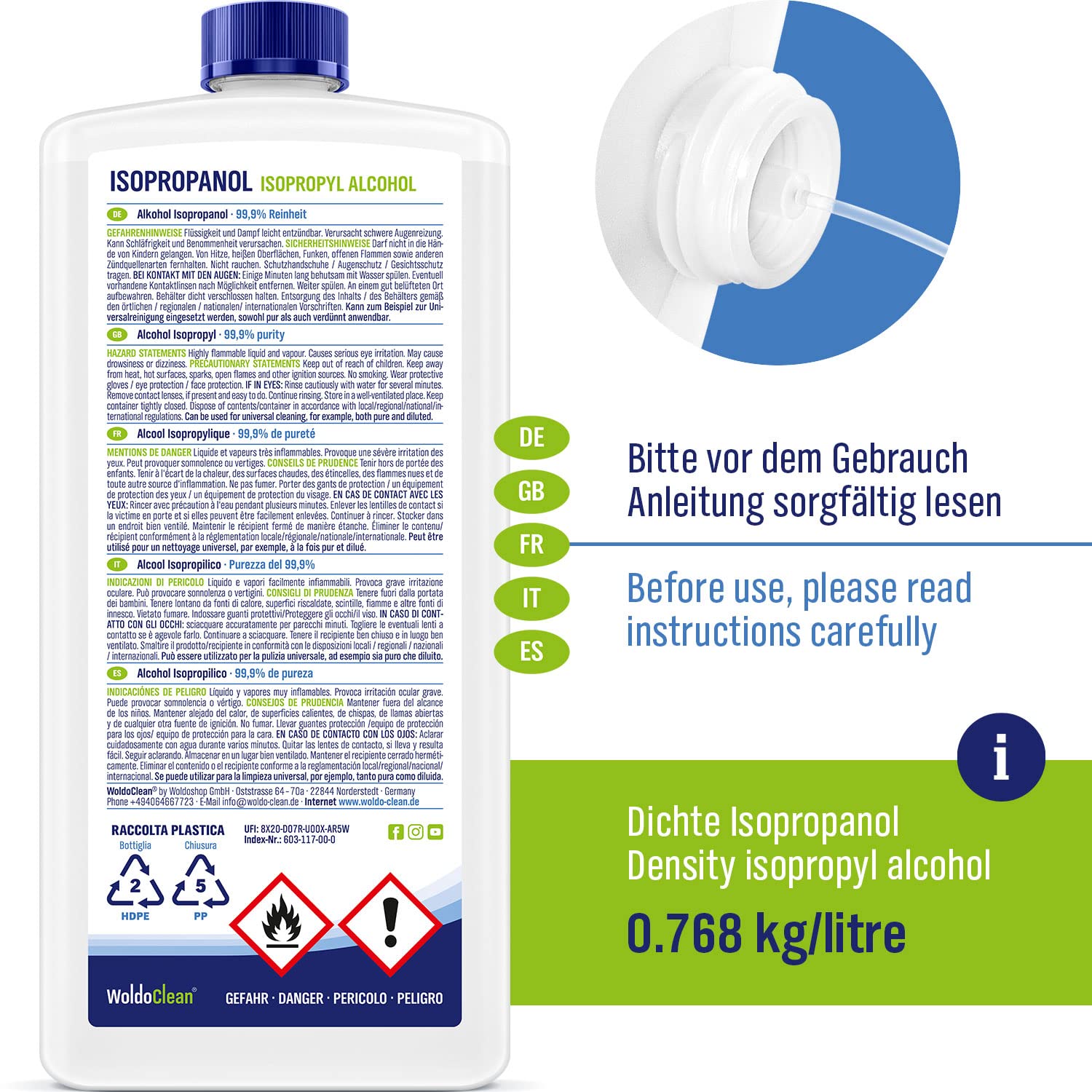 WoldoClean Isopropanol 99,9 % – Spezialreiniger für Vaporizer | Entfernt THC-, Harz- & Cannabisrückstände rückstandsfrei (1 L IPA)