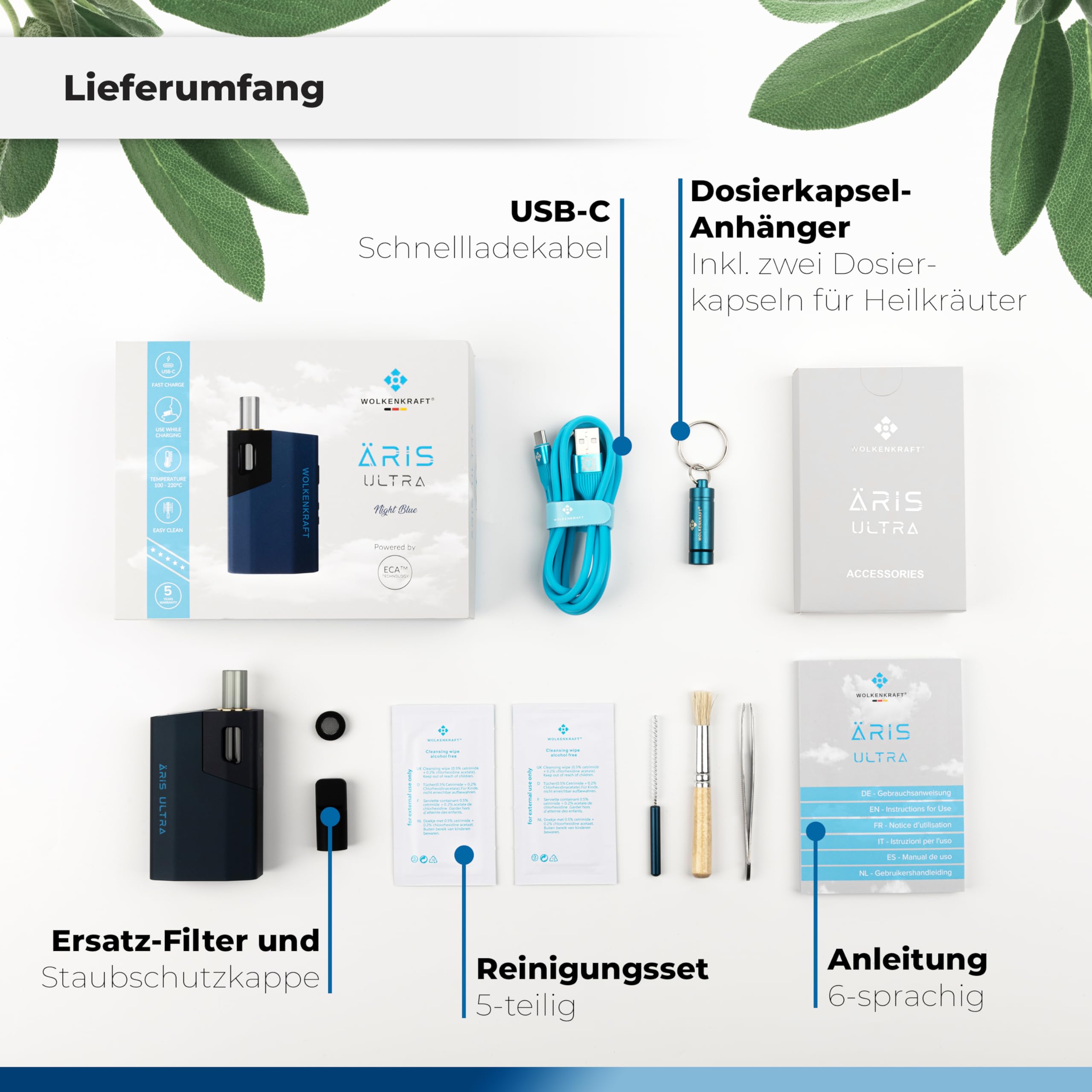 WOLKENKRAFT ÄRiS ULTRA Vaporizer – Premium Vaporizer mit Titan-Kammer, USB-C & ECA-Konvektion | Nachtblau
