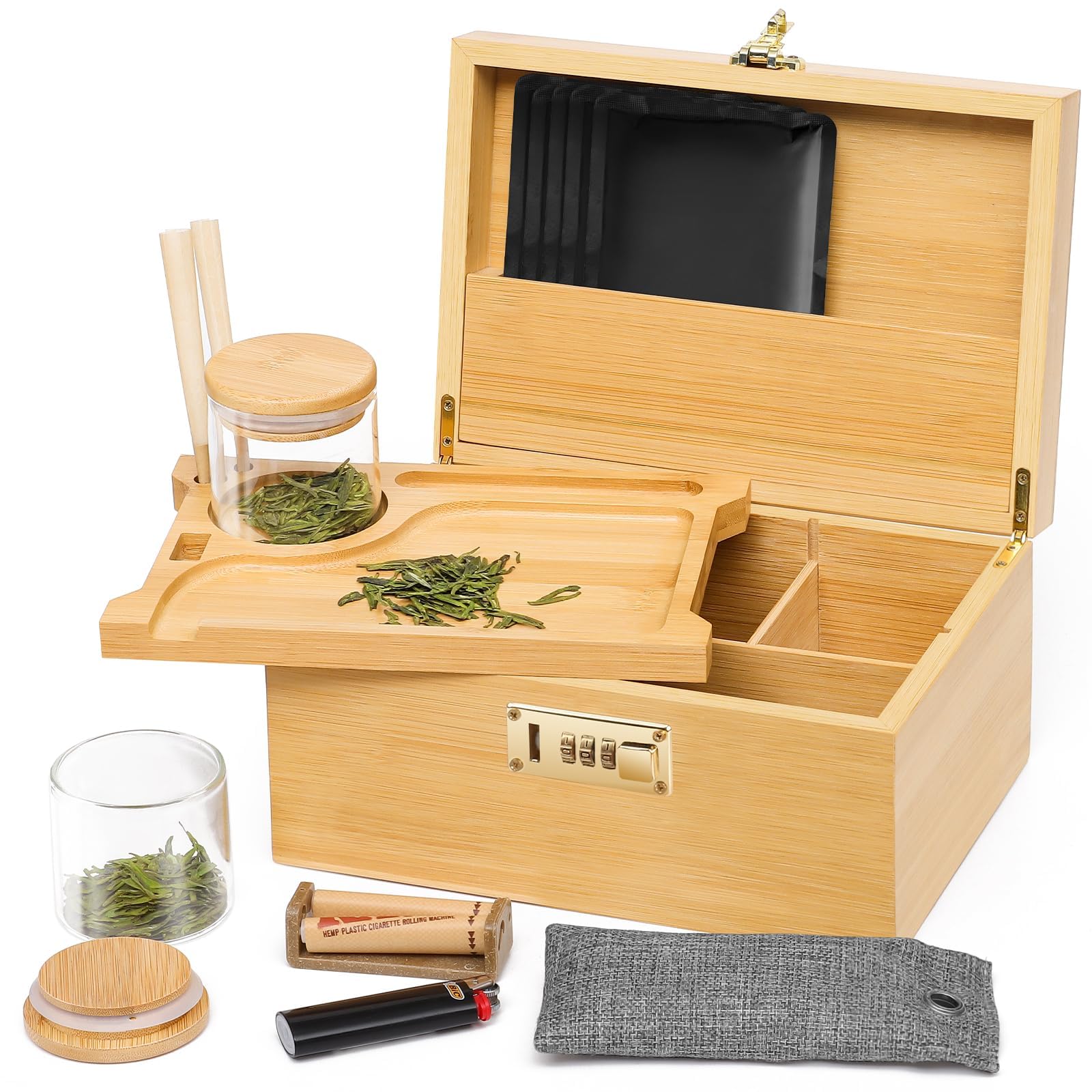 OZCHIN Bambus-Aufbewahrungsbox mit Zahlenschloss – Premium Holzbox mit Glasbehältern, Tablett & Beuteln für Hanf & Kräuter