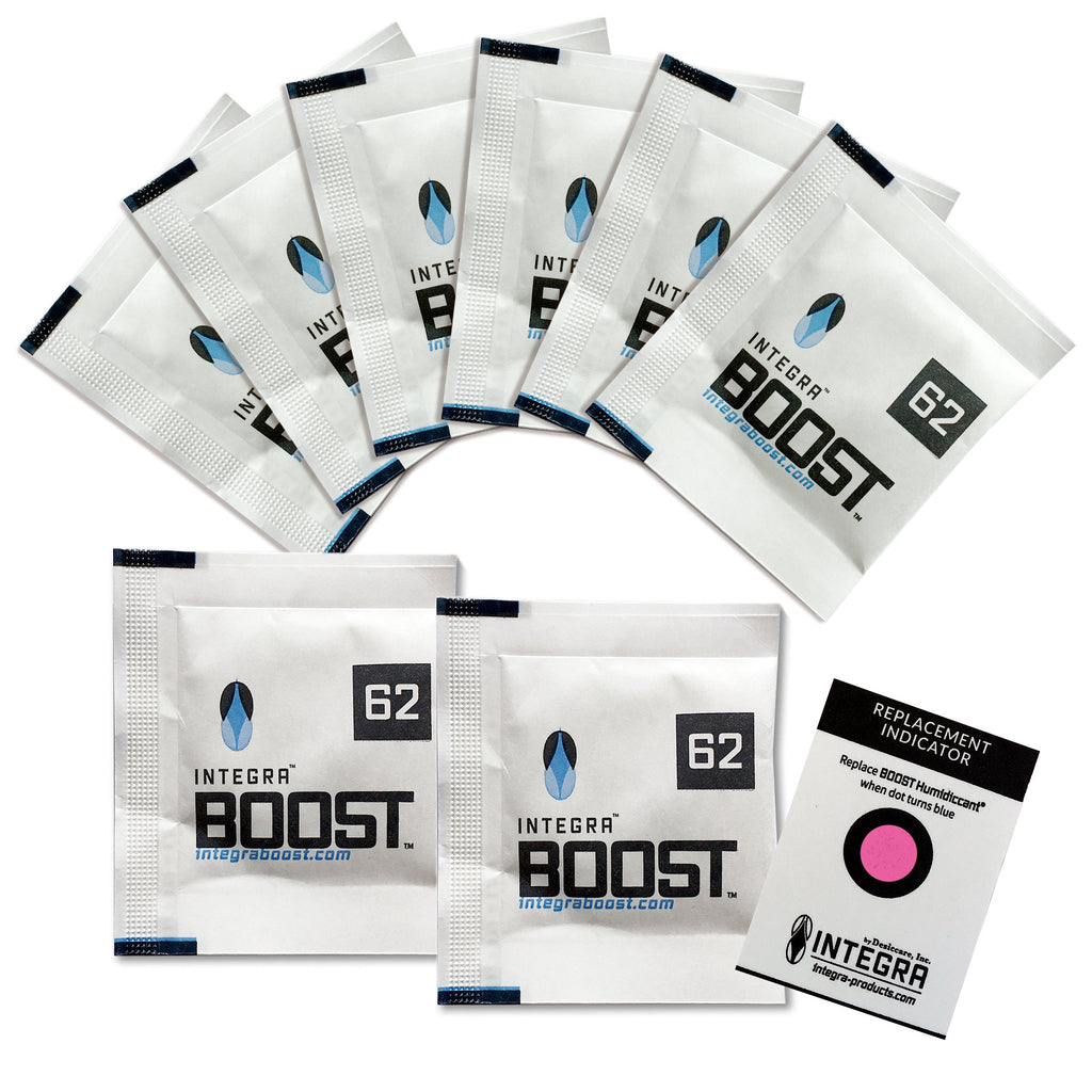 Integra Boost 62 % – 8 × 8 g Feuchtigkeitsregler | 2-Wege-Befeuchter mit Indikator | Schützt bis zu 25 g Kräuter & Blüten